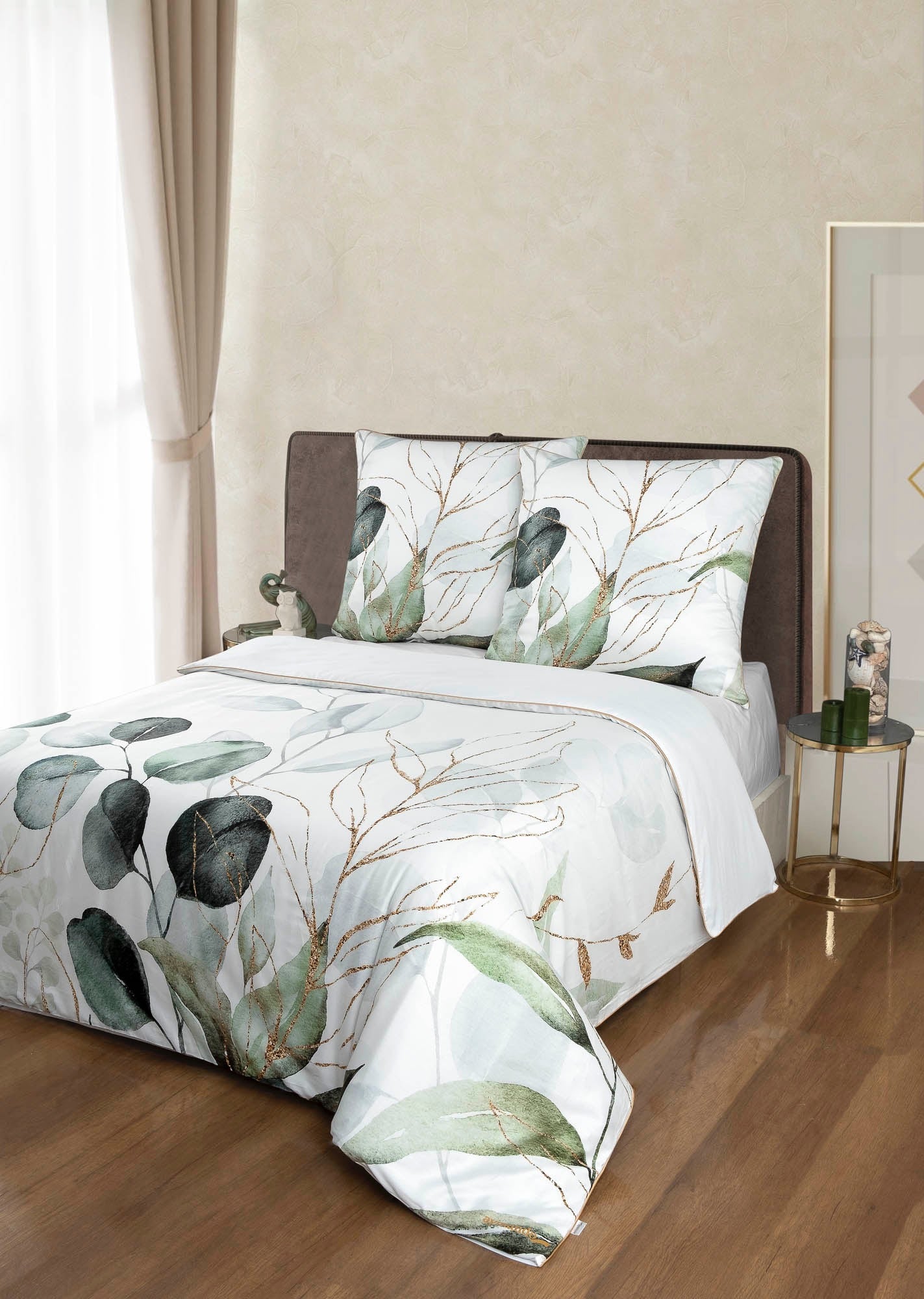 Deluxe Satin Bettwäsche Leaf Olive-Gold