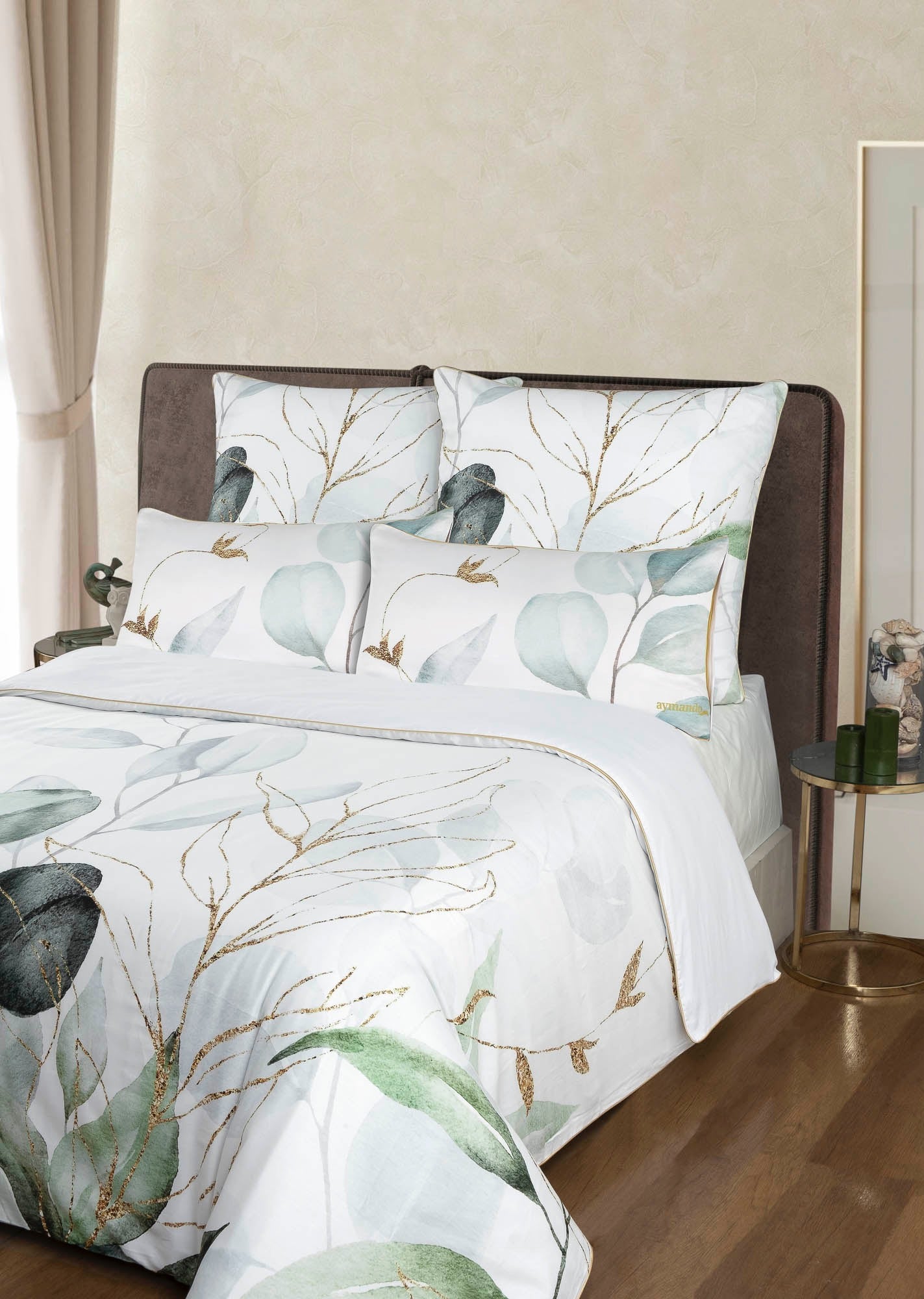 Deluxe Satin Bettwäsche Leaf Olive-Gold