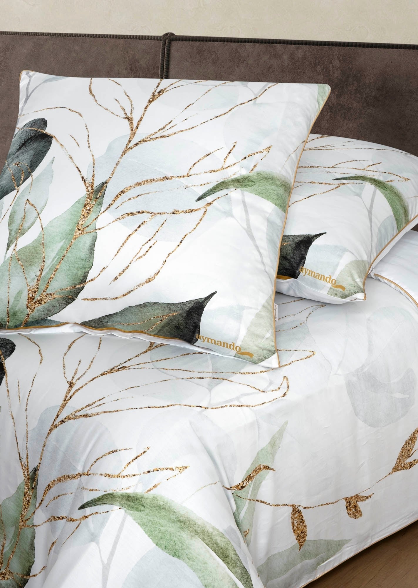 Deluxe Satin Bettwäsche Leaf Olive-Gold