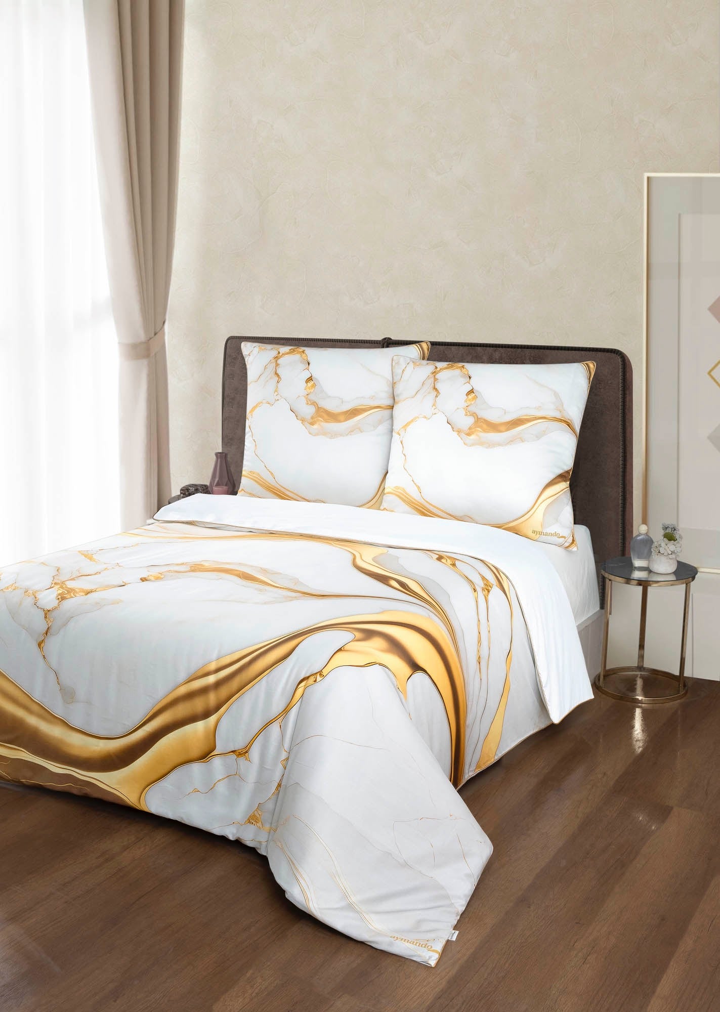 Deluxe Satin Bed Linen Marble White-Gold