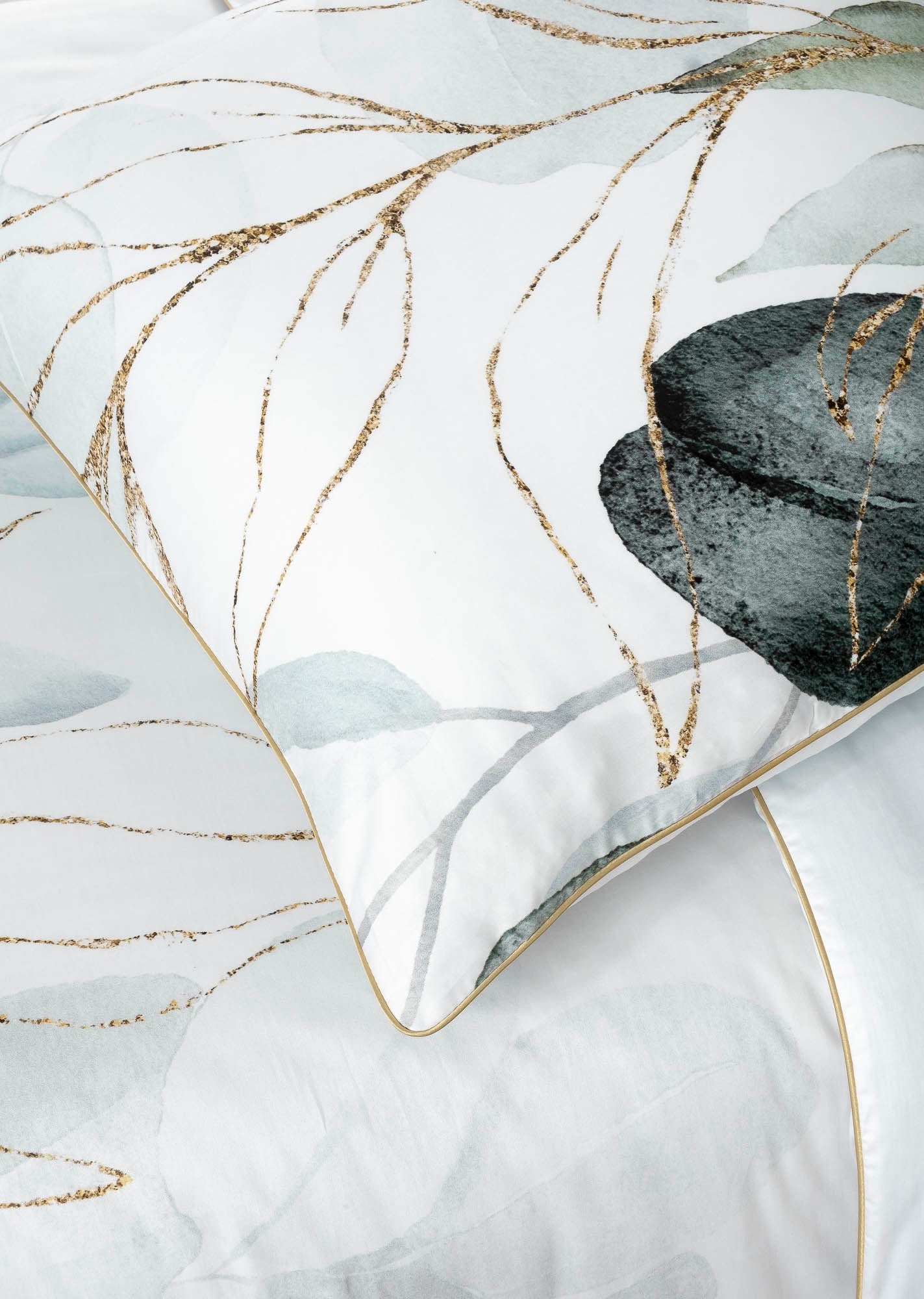 Deluxe Satin Bed Linen Leaf Olive Gold